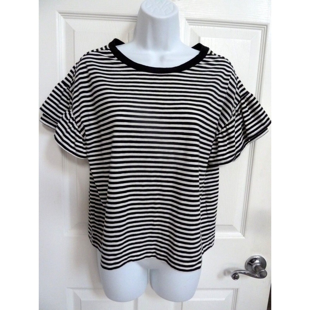 Madewell Womens Small Black White Striped Ruffled Sleeve Cropped Tee Top